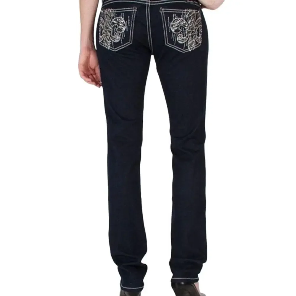 Miss Me Easy Skinny Jeans Fleur De Lis Bling Rhinestone Pocket Jeans Size 26